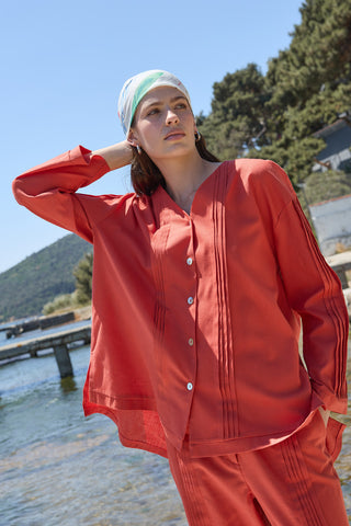 Haze Nervürlü Keten Tunik Kiremit