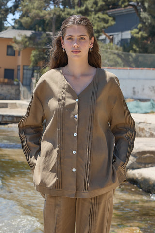 Haze Nervürlü Keten Tunik Koyu Bej