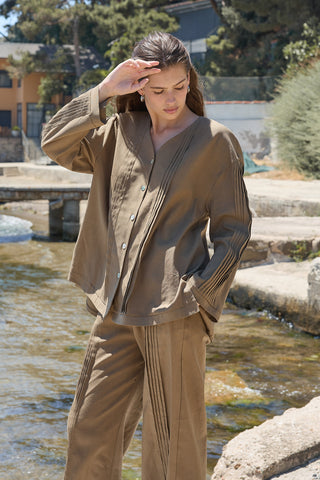 Haze Nervürlü Keten Tunik Koyu Bej