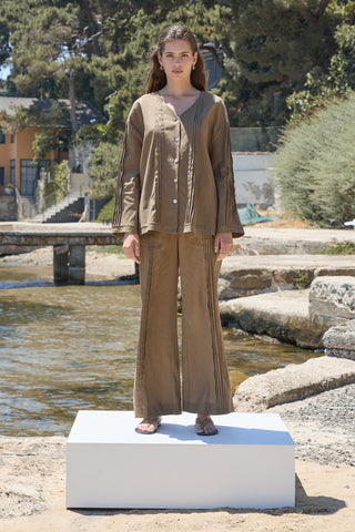 Haze Nervürlü Keten Tunik Koyu Bej