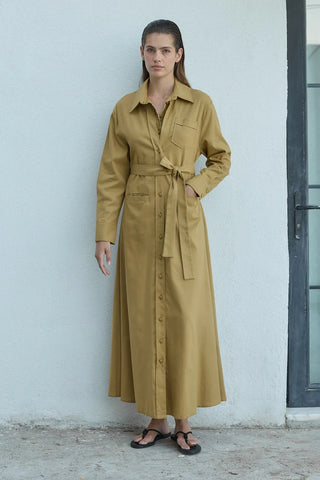 Mist Keten Düğmeli Elbise Yağ Yeşili