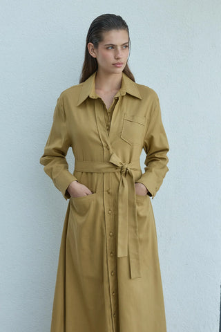 Mist Keten Düğmeli Elbise Yağ Yeşili