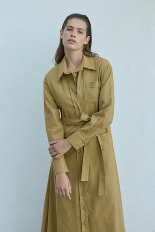 Mist Keten Düğmeli Elbise Yağ Yeşili