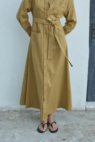 Mist Keten Düğmeli Elbise Yağ Yeşili