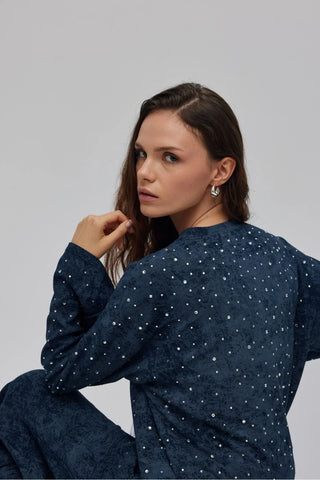 Batik Desenli Taşlı Takım Lacivert