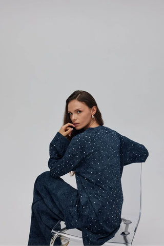 Batik Desenli Taşlı Takım Lacivert