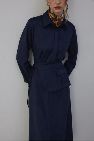 Kamisa Süet Gömlek ve Etek Takım Lacivert