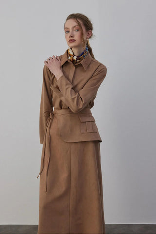 Kamisa Süet Gömlek ve Etek Takım Vizon