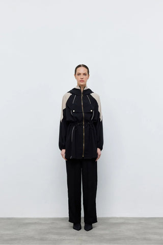 Kontrast Bel Büzgülü Ceket Pantolon Siyah